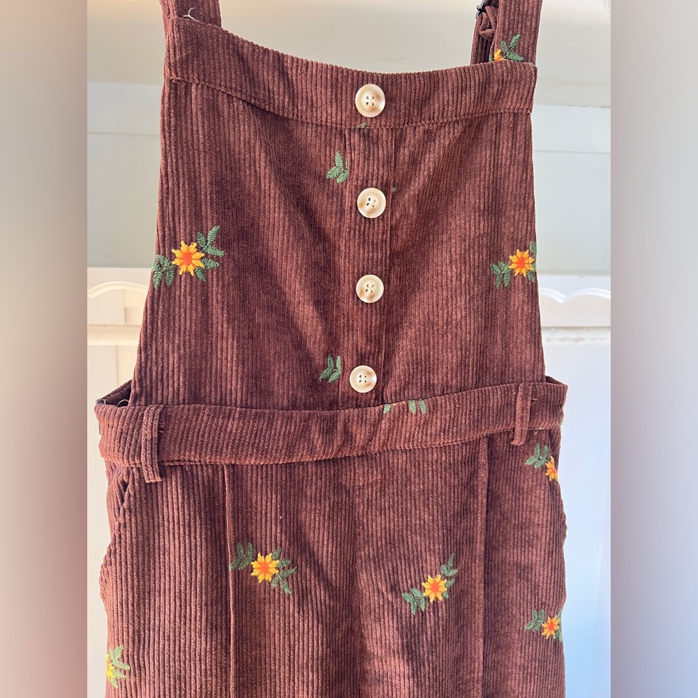 Cider Brown Corduroy Overalls with Floral Detail